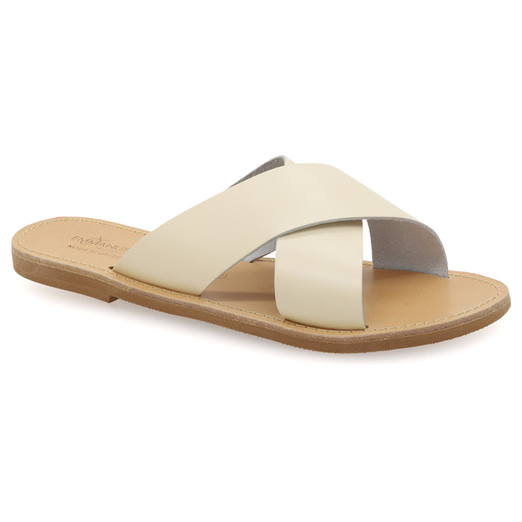 Greek Leather Off-White Slide on Cross Strap Leopard Sandals "Skopelos" - EMMANUELA handcrafted for you®