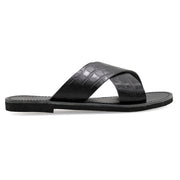 Greek Leather Black Croco Slide on Cross Strap Sandals "Skopelos" - EMMANUELA handcrafted for you®
