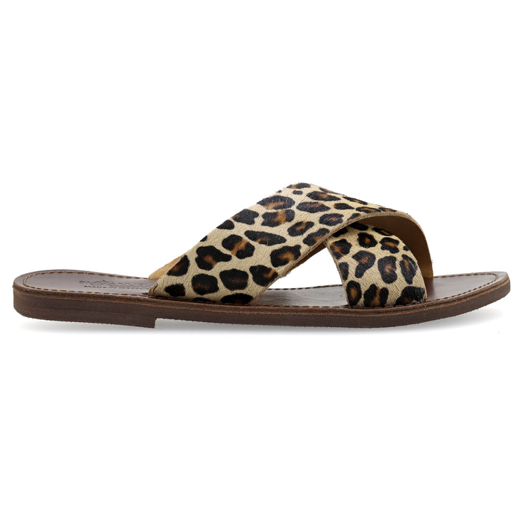 Greek Leather Leopard Slide on Cross Strap Leopard Sandals "Skopelos" - EMMANUELA handcrafted for you®