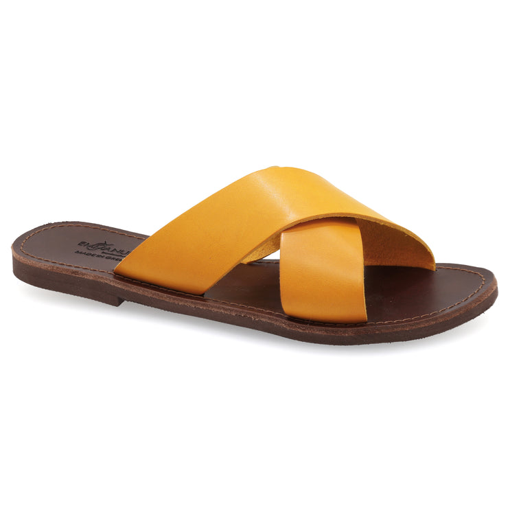 Greek Leather Mustard Slide on Cross Strap Sandals "Skopelos" - EMMANUELA handcrafted for you®