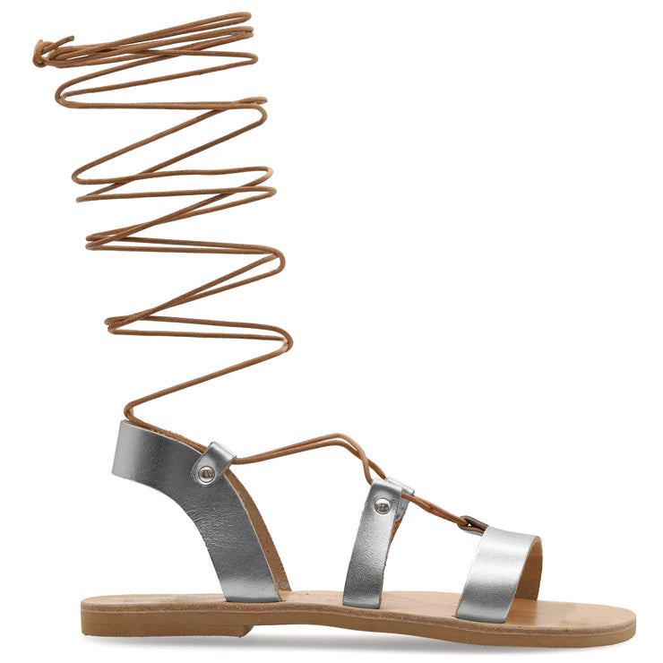 Greek Leather Silver Knee High Tie up Gladiator Sandals "Nyx" - EMMANUELA handcrafted for you®