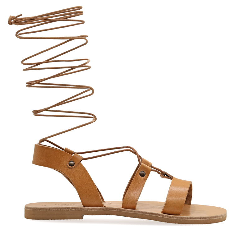 Greek Leather Beige Knee High Tie up Gladiator Sandals "Nyx" - EMMANUELA handcrafted for you®
