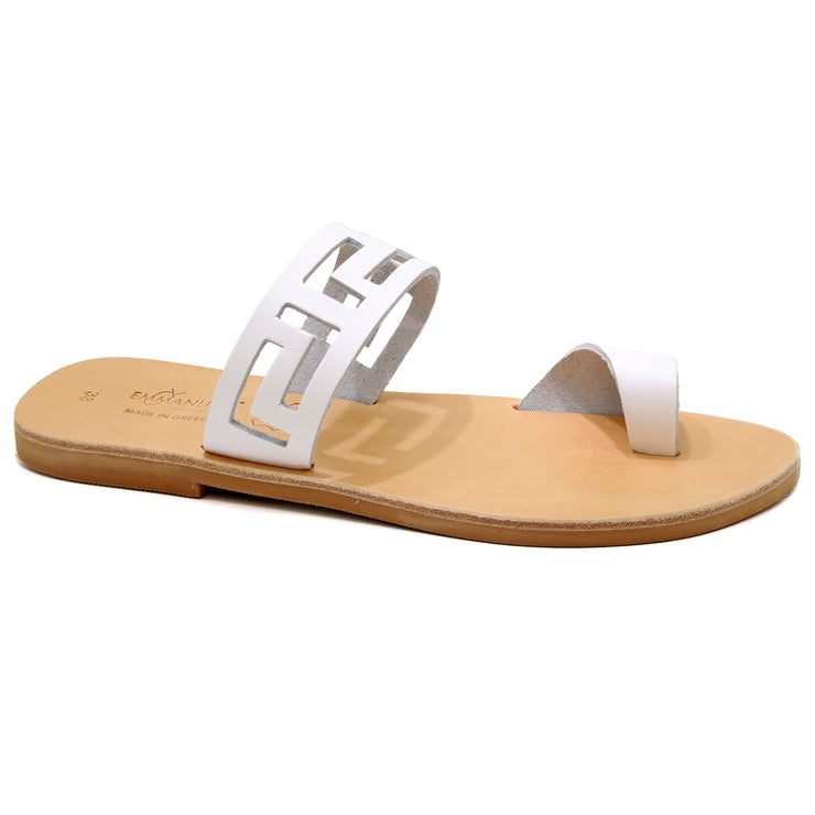 Greek Leather White Toe Ring Sandals with Meanders "Antiparos" - EMMANUELA handcrafted for you®