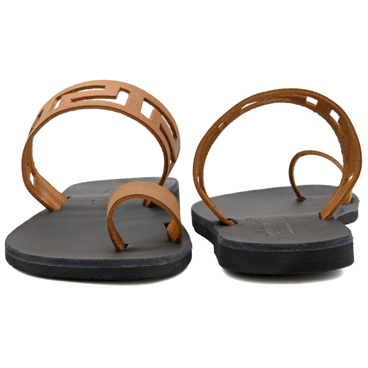 Greek Leather Brown Toe Ring Sandals with Meanders "Antiparos" - EMMANUELA handcrafted for you®