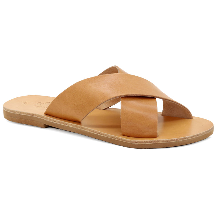 Greek Leather Beige Slide Cross Strap Sandals "Knossos" - EMMANUELA handcrafted for you®