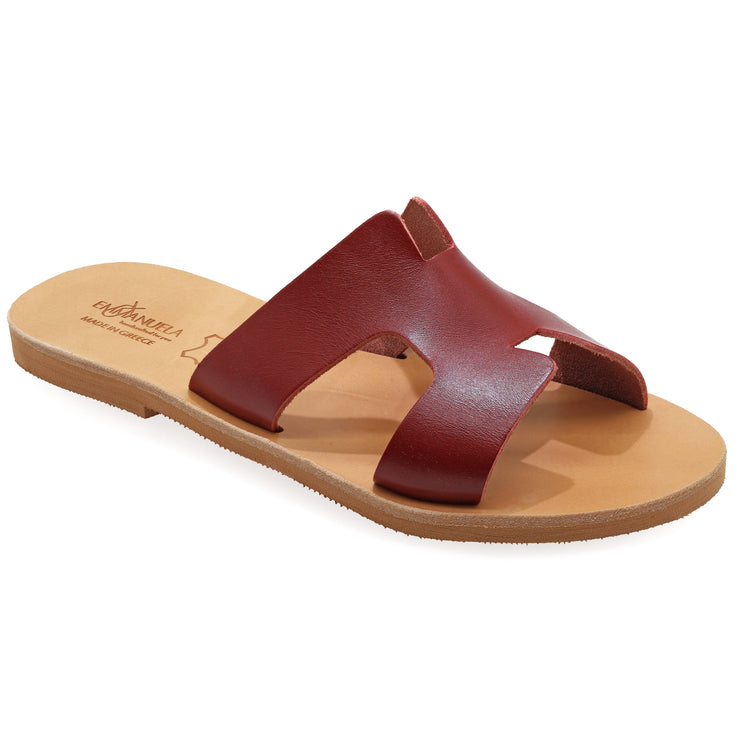 Greek Leather Red Slide on H-Band Sandals "Eugene" - EMMANUELA handcrafted for you®