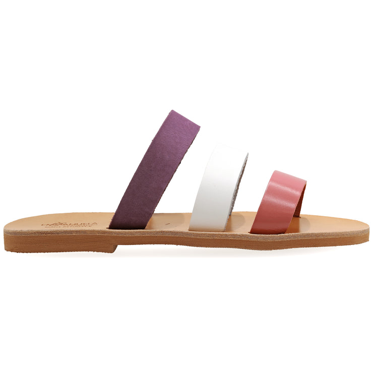 Greek Leather Pink White Purple Slide on Sandals "Skiros" - EMMANUELA handcrafted for you®