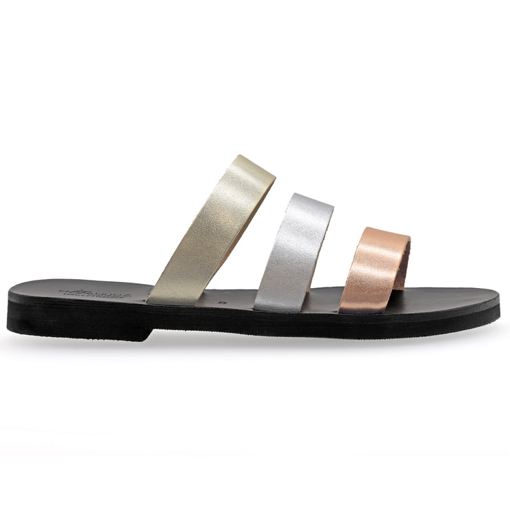 Greek Leather Rose Gold Silver Slide on Sandals "Skiros" - EMMANUELA handcrafted for you®