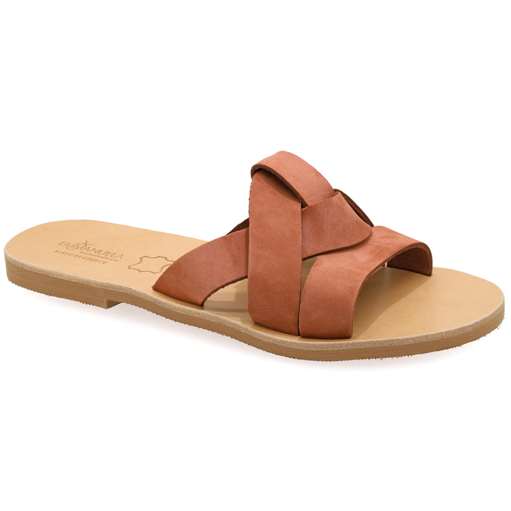 Greek Leather Brown-Red Slide on Sandals "Rhodes" - EMMANUELA handcrafted for you®