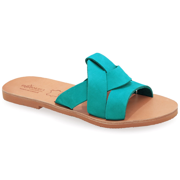 Greek Leather Turquoise Slide on Sandals "Rhodes" - EMMANUELA handcrafted for you®
