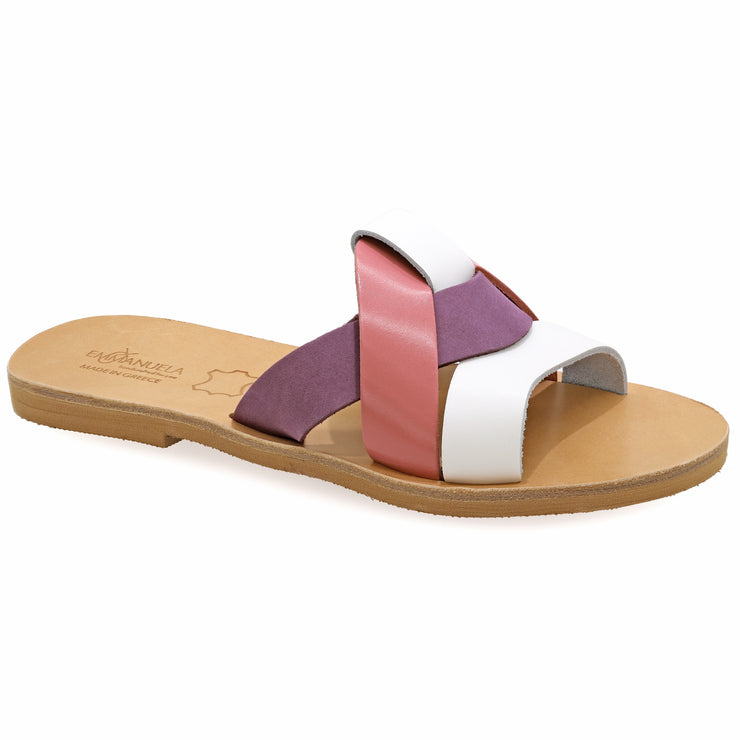 Greek Leather Pink White Purple Slide on Sandals "Rhodes" - EMMANUELA handcrafted for you®