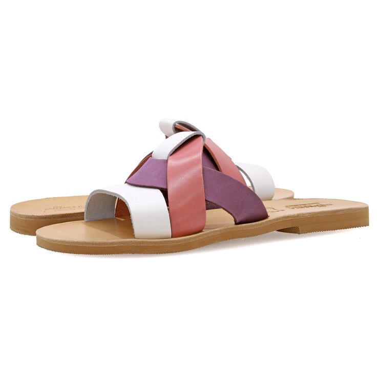Greek Leather Pink White Purple Slide on Sandals "Rhodes" - EMMANUELA handcrafted for you®