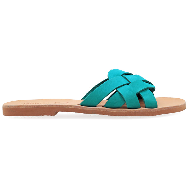Greek Leather Turquoise Slide on Cross Strap Sandals "Tisiphone" - EMMANUELA handcrafted for you®