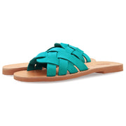 Greek Leather Turquoise Slide on Cross Strap Sandals "Tisiphone" - EMMANUELA handcrafted for you®