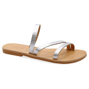 Greek Leather Silver Slide on Meander Sandals "Serifos" - EMMANUELA handcrafted for you®