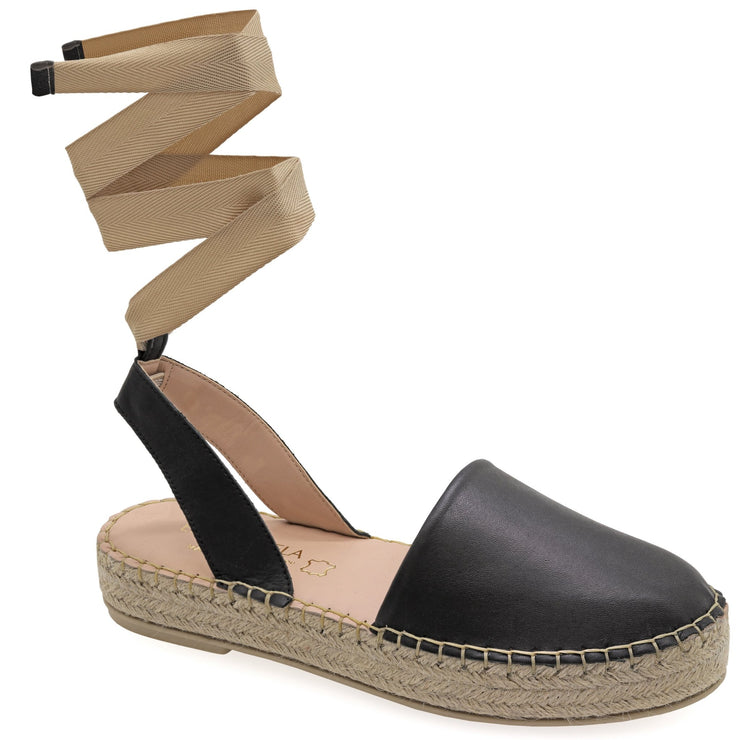 Emmanuela - handcrafted for you® Flatform-Leder-Espadrilles zum Schnüren aus Schwarze leder