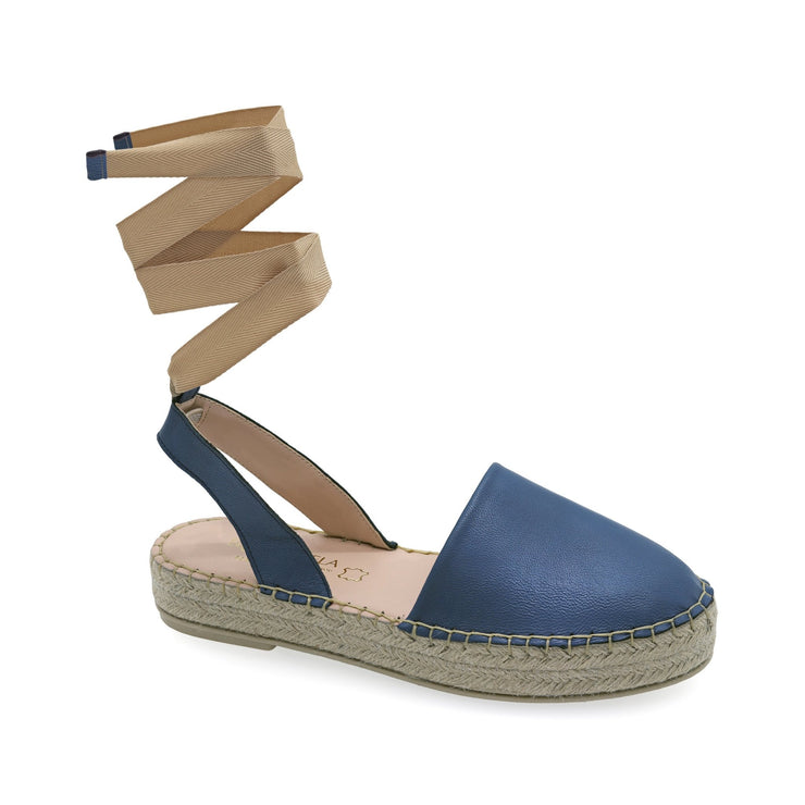 Emmanuela - handcrafted for you® Flatform-Leder-Espadrilles zum Schnüren aus Blau leder