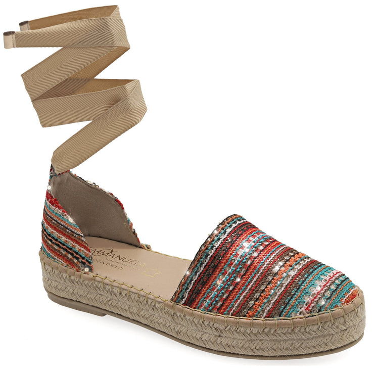 Emmanuela - handcrafted for you® Flatform Espadrilles mit Schnürung aus Stroh aus Pailletten Mehrfarbig leder