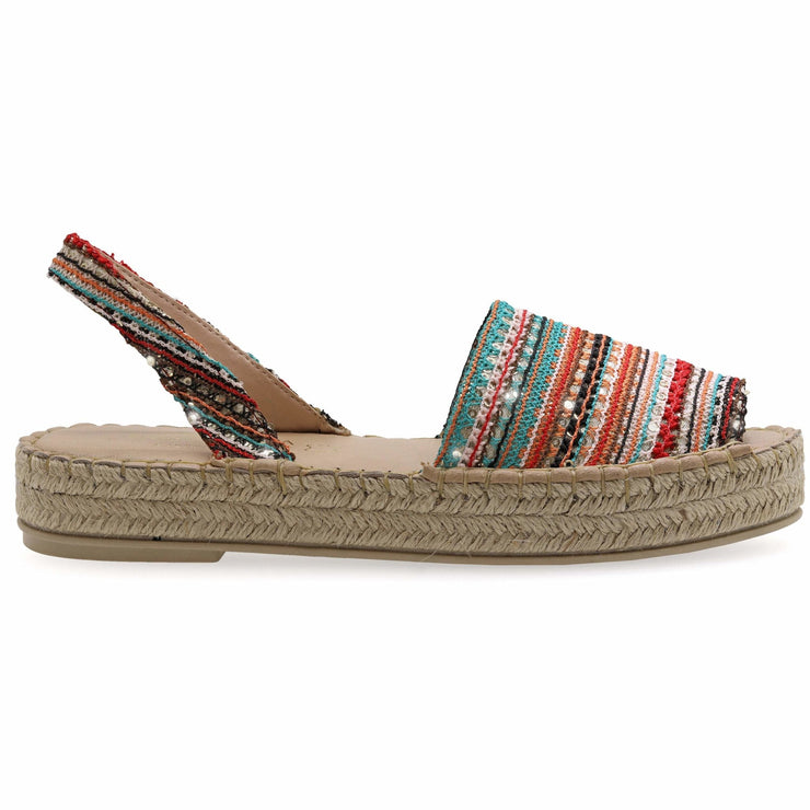 Emmanuela - handcrafted for you® Flatform Peeptoe Espadrilles aus Stoff aus Pailletten Mehrfarbig leder