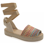 Emmanuela - handcrafted for you® Flatform Peeptoe Espadrilles mit Schnürung aus Stroh Mehrfarbig leder