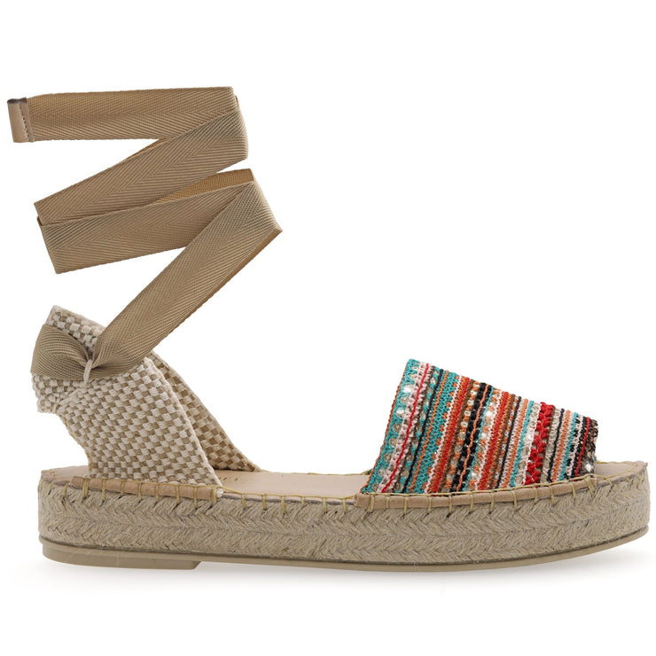 Emmanuela - handcrafted for you® Flatform Peeptoe Espadrilles mit Schnürung aus Stroh Mehrfarbig leder