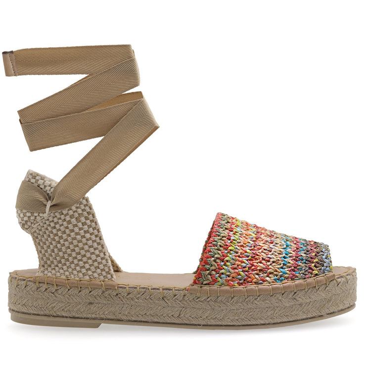 Emmanuela - handcrafted for you® Flatform Peeptoe Espadrilles mit Schnürung aus Stroh Mehrfarbig leder