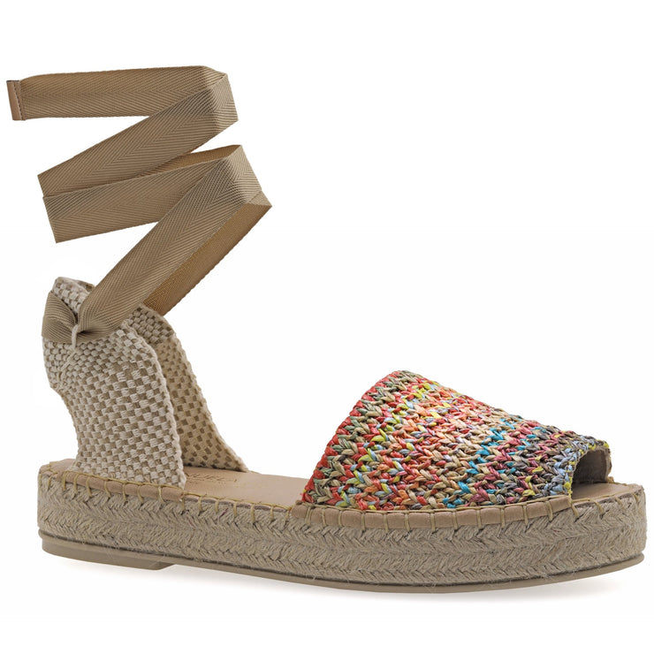 Emmanuela - handcrafted for you® Flatform Peeptoe Espadrilles mit Schnürung aus Stroh Mehrfarbig leder