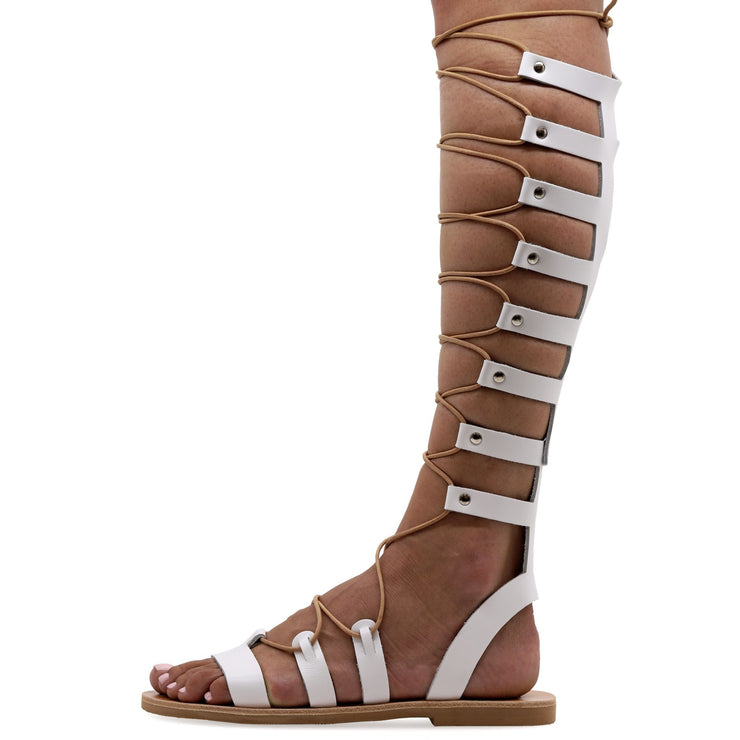 Emmanuela - handcrafted for you® Kniehohe Gladiator-Sandalen zum Schnüren "Jocasta" aus Weiße leder