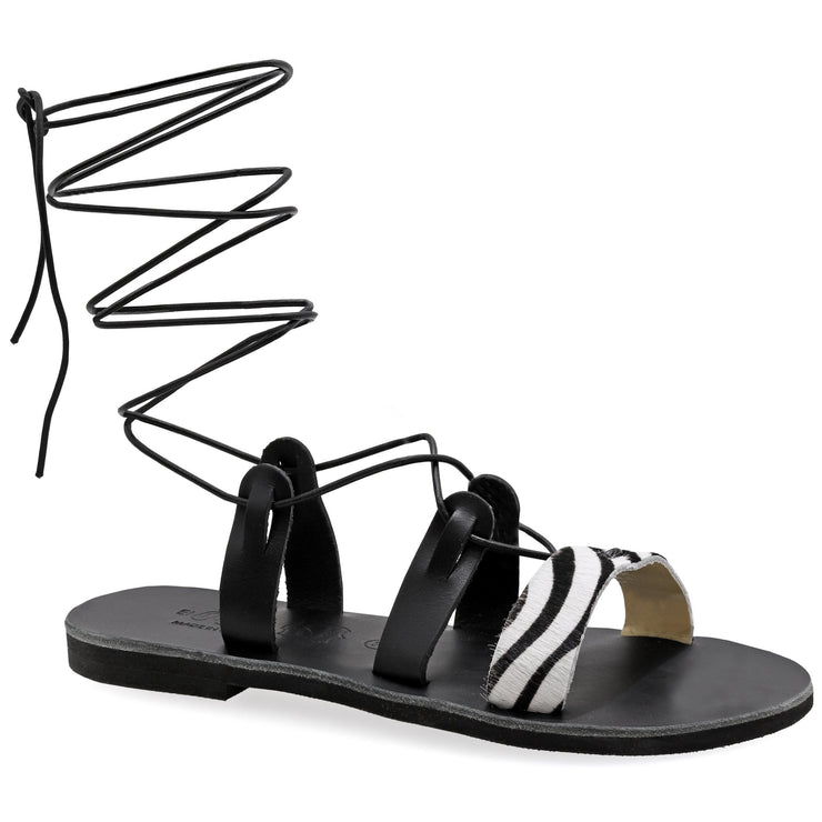 Emmanuela - handcrafted for you® Kalbshohe Gladiator-Sandalen mit Schnürung in Zebra "Melaina" aus Ponyhaut leder