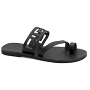Greek Leather Black Toe Ring Sandals with Meanders "Spetses" - EMMANUELA handcrafted for you®