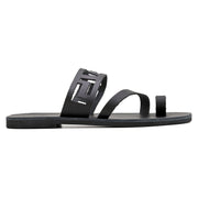 Greek Leather Black Toe Ring Sandals with Meanders "Spetses" - EMMANUELA handcrafted for you®