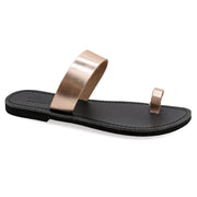 Greek Leather Rose gold Slide on Toe Ring Leopard Sandals "Alonissos" - EMMANUELA handcrafted for you®