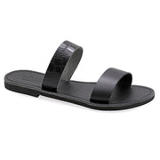 Greek Leather Black Croco Slide on Strappy Sandals "Milos" - EMMANUELA handcrafted for you®