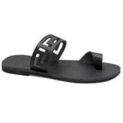 Greek Leather Black Toe Ring Sandals with Meanders "Antiparos" - EMMANUELA handcrafted for you®