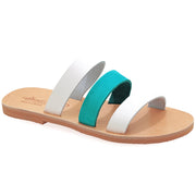 Greek Leather White - Turquoise Slide on Sandals "Skiros" - EMMANUELA handcrafted for you®