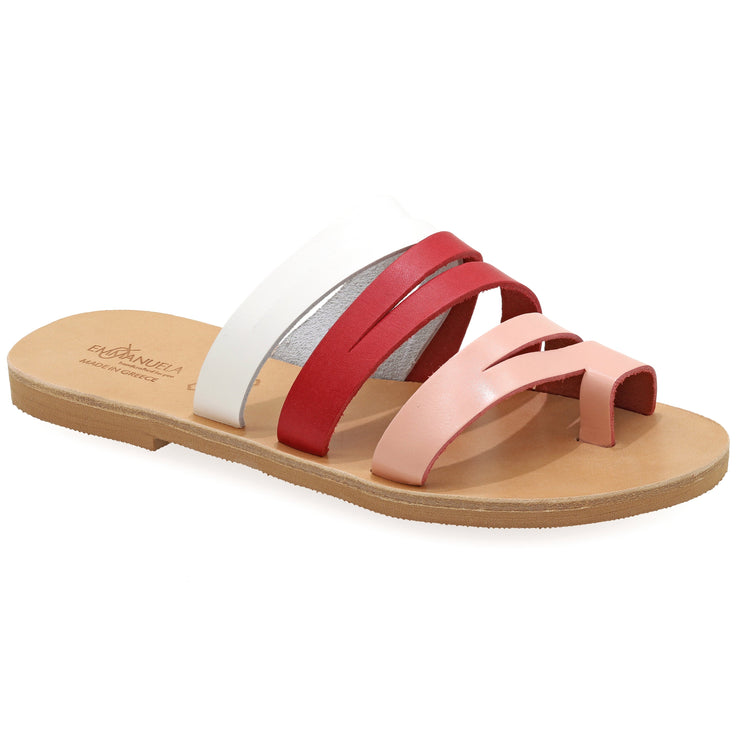 Greek Leather White Coral Pink Slide on Toe Ring Sandals "Mykonos" - EMMANUELA handcrafted for you®