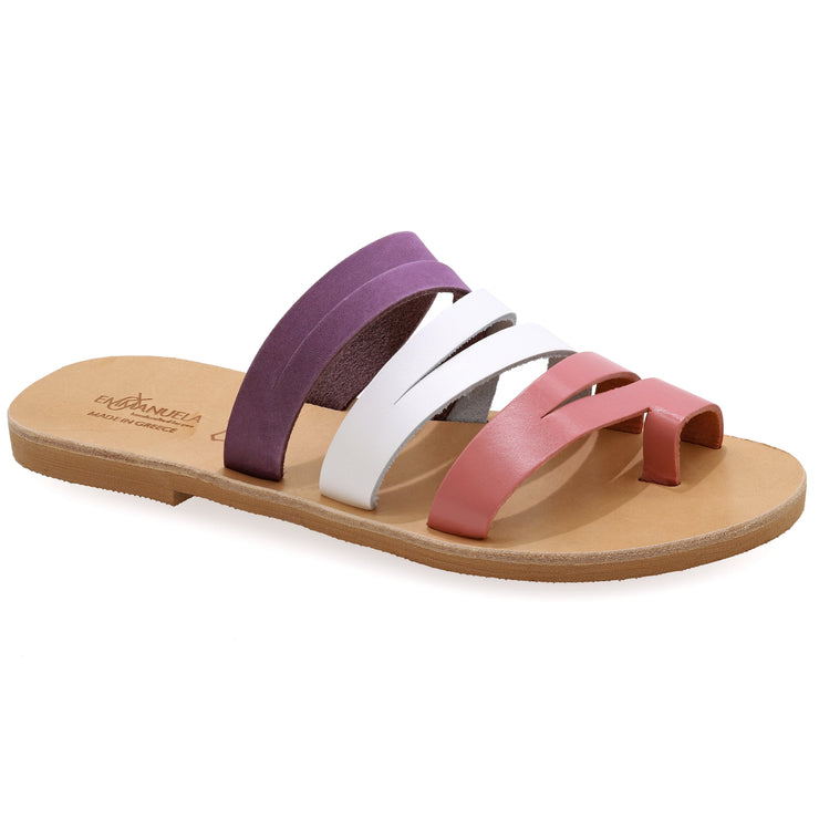 Greek Leather White Pink Purple Slide on Toe Ring Sandals "Mykonos" - EMMANUELA handcrafted for you®