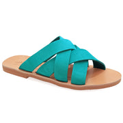 Greek Leather Turquoise Slide on Cross Strap Sandals "Thira" - EMMANUELA handcrafted for you®