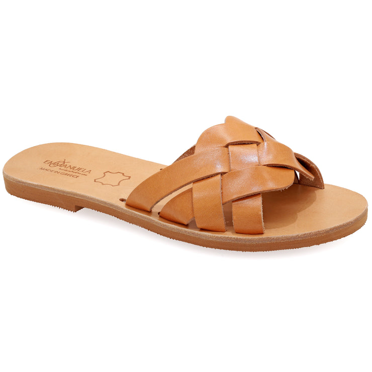 Greek Leather Beige Slide on Cross Strap Sandals "Tisiphone" - EMMANUELA handcrafted for you®