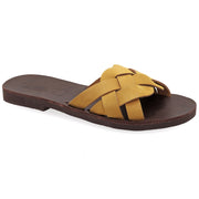 Greek Leather Mustard Slide on Cross Strap Sandals "Tisiphone" - EMMANUELA handcrafted for you®