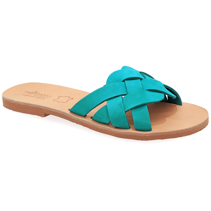 Greek Leather Turquoise Slide on Cross Strap Sandals "Tisiphone" - EMMANUELA handcrafted for you®