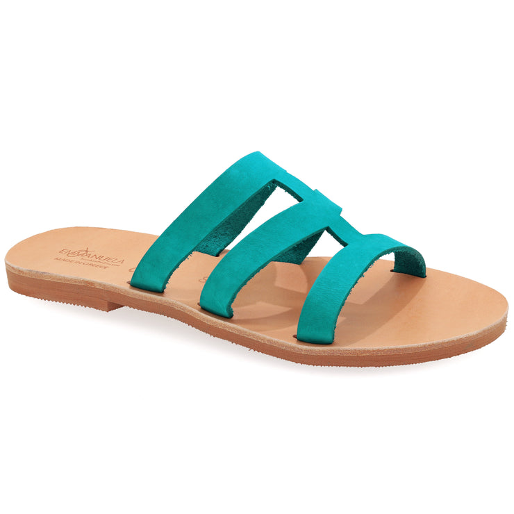 Greek Leather Turquoise Slide on Ξ Sandals "Xenobia" - EMMANUELA handcrafted for you®