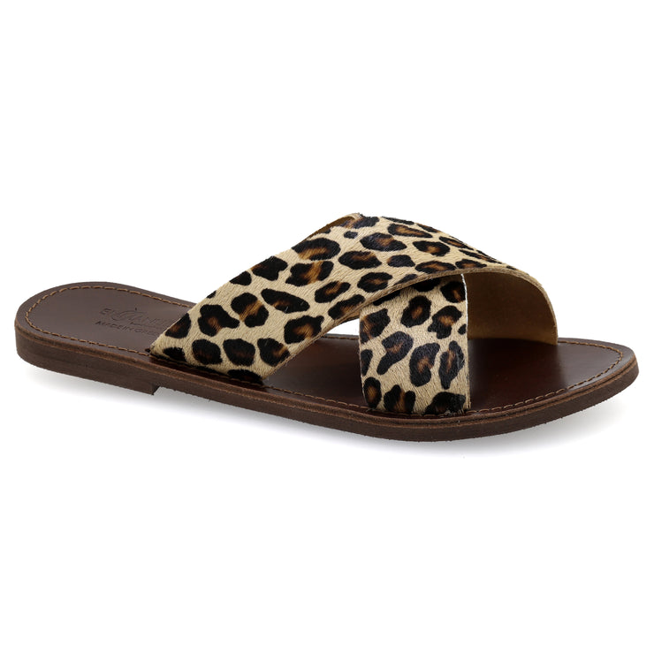 Greek Leather Leopard Slide on Cross Strap Leopard Sandals "Skopelos" - EMMANUELA handcrafted for you®