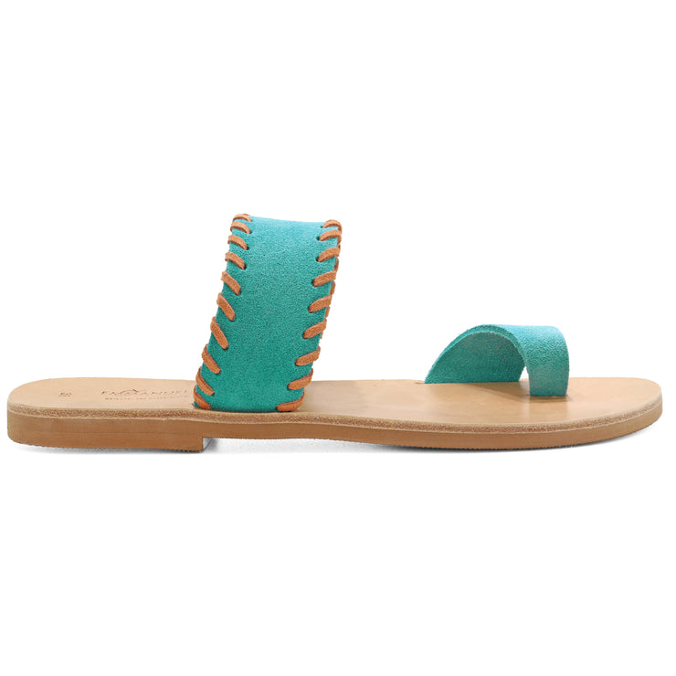 Greek Leather Turquoise-Salmon Toe Ring Sandals with Contrast Stiches "Poros" - EMMANUELA handcrafted for you®