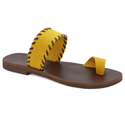 Greek Leather Yellow-Brown Toe Ring Sandals with Contrast Stiches "Poros" - EMMANUELA handcrafted for you®