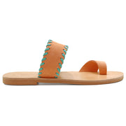 Greek Leather Salmon-Turquoise Toe Ring Sandals with Contrast Stiches "Poros" - EMMANUELA handcrafted for you®
