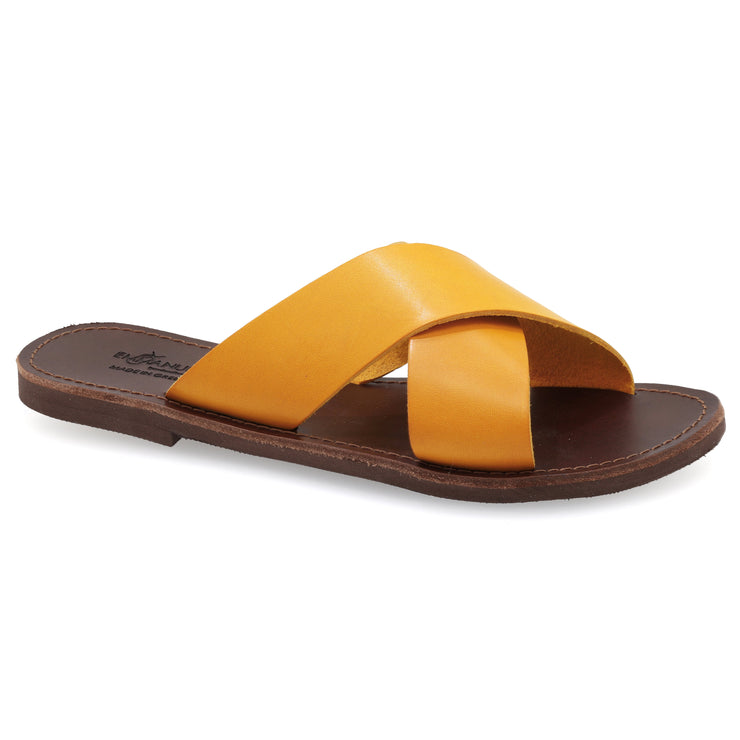 Greek Leather Mustard Slide on Cross Strap Leopard Sandals "Skopelos" - EMMANUELA handcrafted for you®