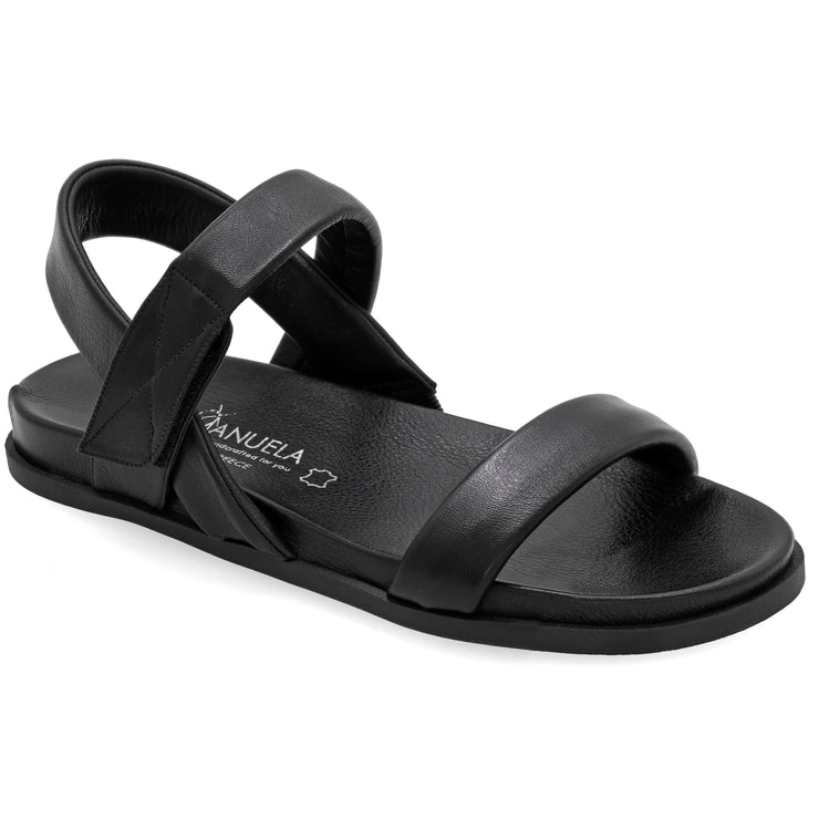 Greek Leather Black Rip-tape fastening Sandals with Arch Support "Syros" - EMMANUELA handcrafted for you®