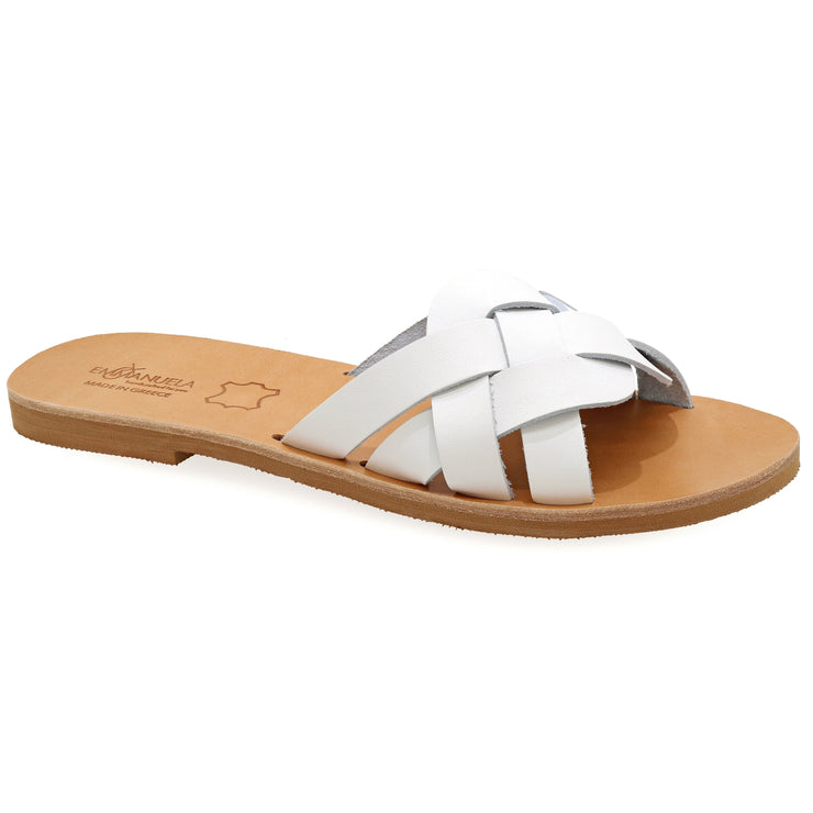 Greek Leather White Slide on Cross Strap Sandals "Tisiphone" - EMMANUELA handcrafted for you®