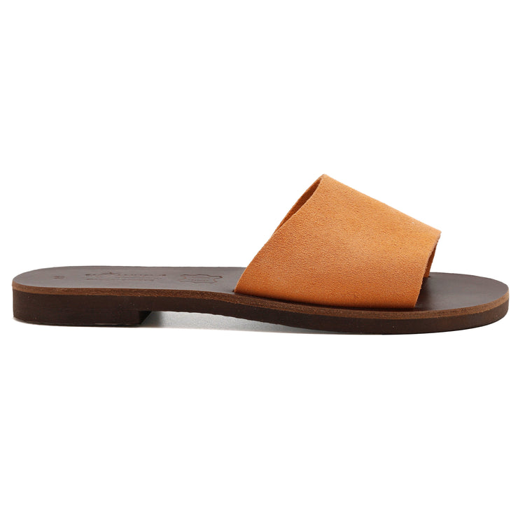 Greek Leather Light Brown Suede Simple Slide on Sandals "Icaria" - EMMANUELA handcrafted for you®